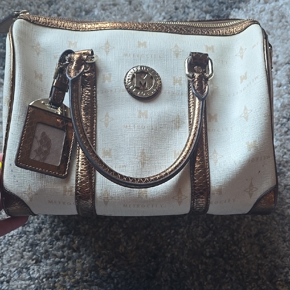 Metro City Cream Satchel with Metallic Gold Trim